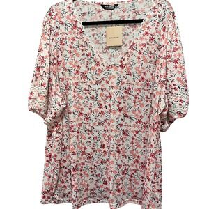 Bloomchic Woomen's 22/24 V-Neck T-Shirt with Lace Details White with Pink Floral